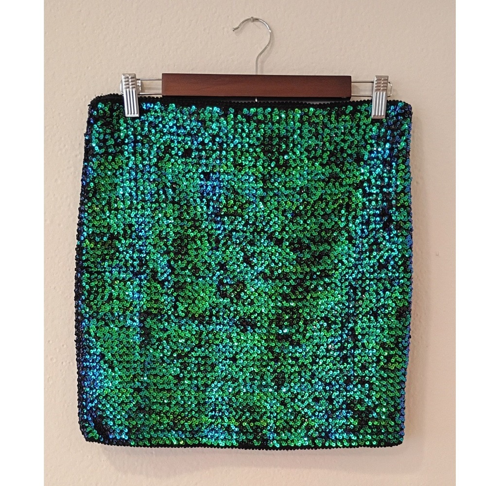 Anna-Kaci Green Blue Sequin Mini Skirt iridescent Shimmer L/XL NEW Night Out